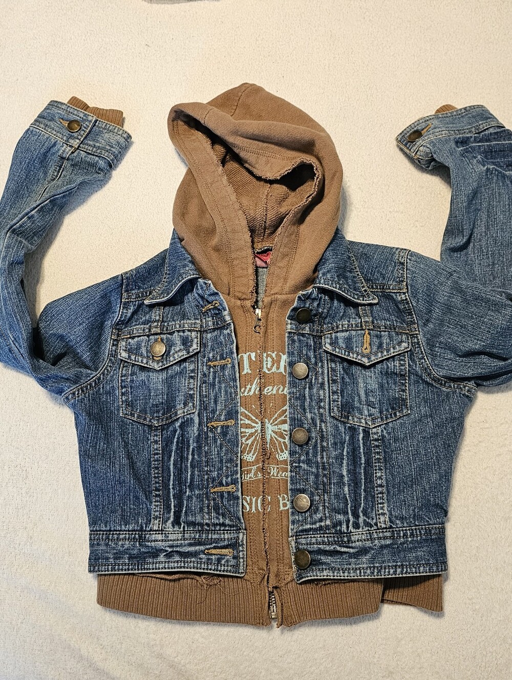 So Girls Blue Jean Jacket Medium Euc Hooded Zipper Front Fake Buttons Very Cute